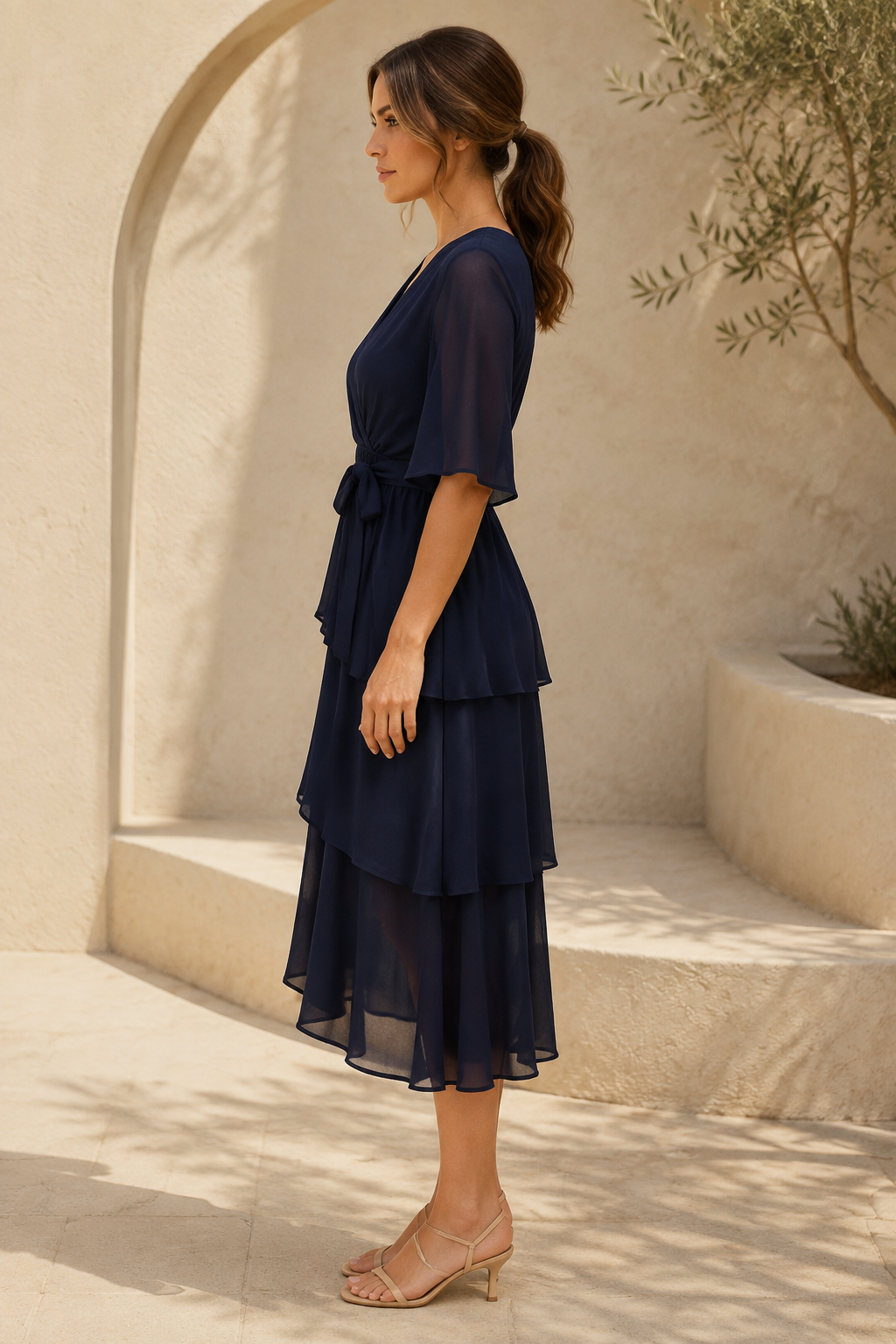Gestuftes Chiffon Wickelkleid in Midilänge mit Volantärmeln