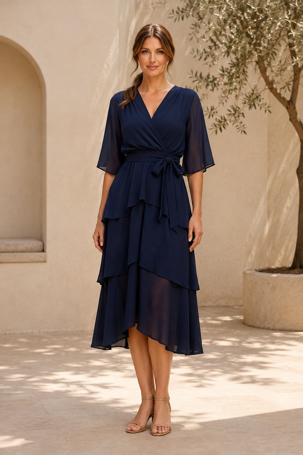 Gestuftes Chiffon Wickelkleid in Midilänge mit Volantärmeln