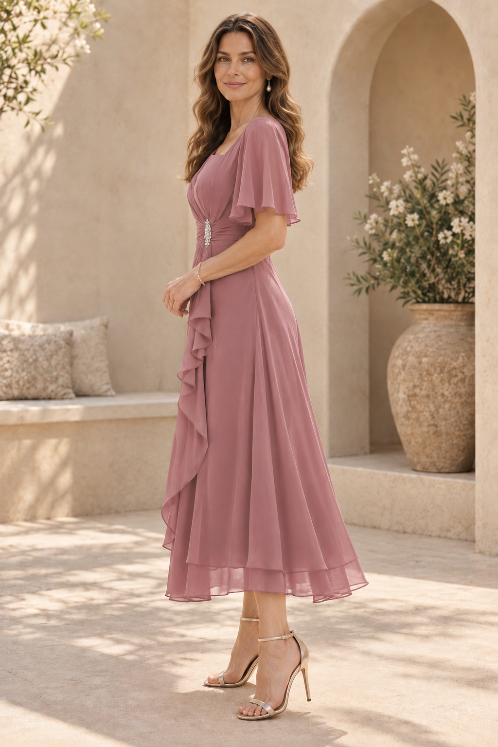 Pleated Square Neck Midi Dress with Flutter Sleeves