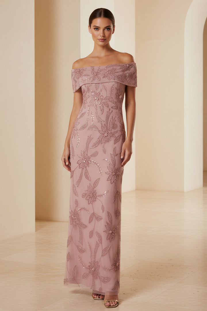 Schulterfreies, perlenverziertes Etui-Abendkleid mit Blumenmuster