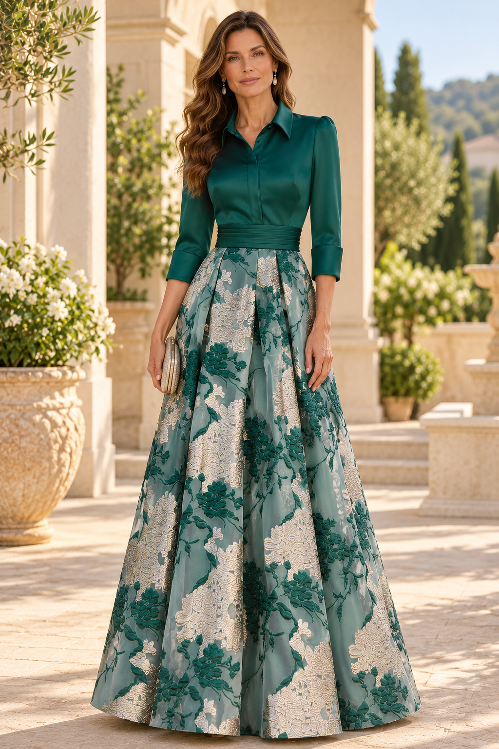 Collared Brocade Skirt Ball Gown