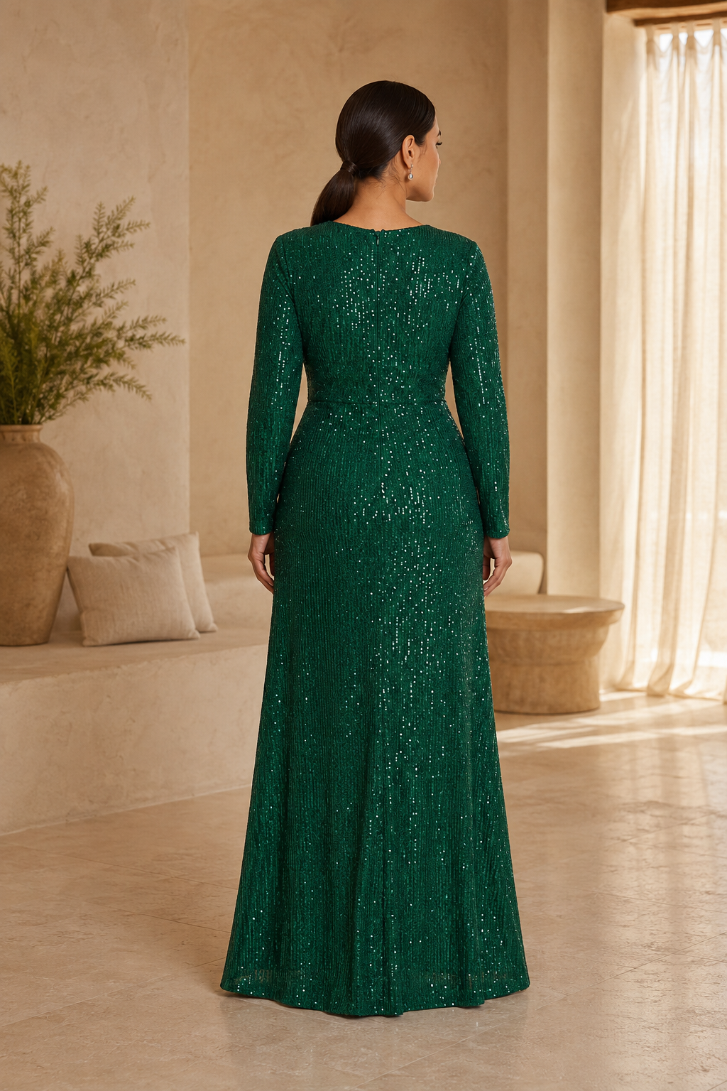 Langärmeliges Paillettenkleid mit drapiertem Vorderrock