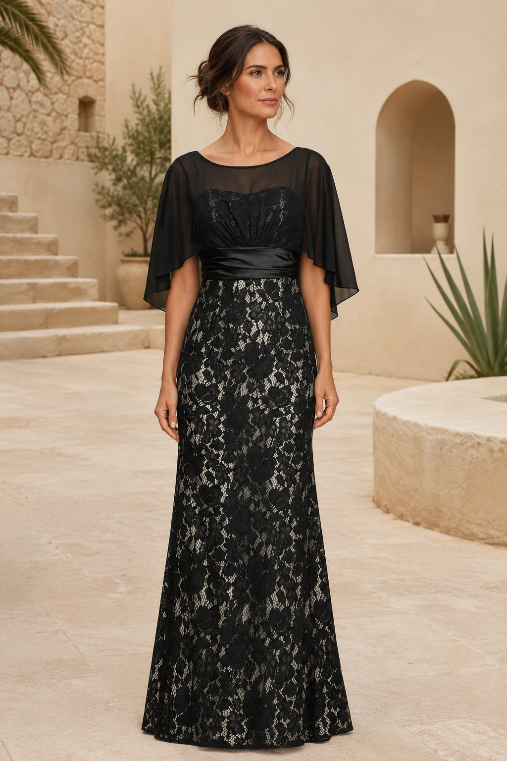 Abendkleid mit Cape-Ärmeln, Illusionsausschnitt und Spitze
