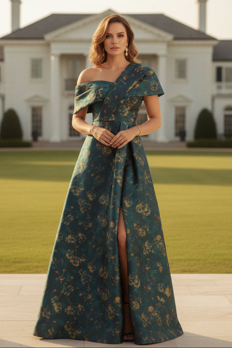 Ein-Schulter-Abendkleid aus floralem Jacquard im A-Linien-Schnitt