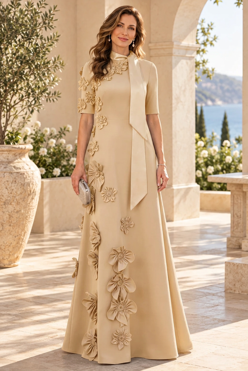 3D Floral High Neck A-Line Gown with Neck Tie
