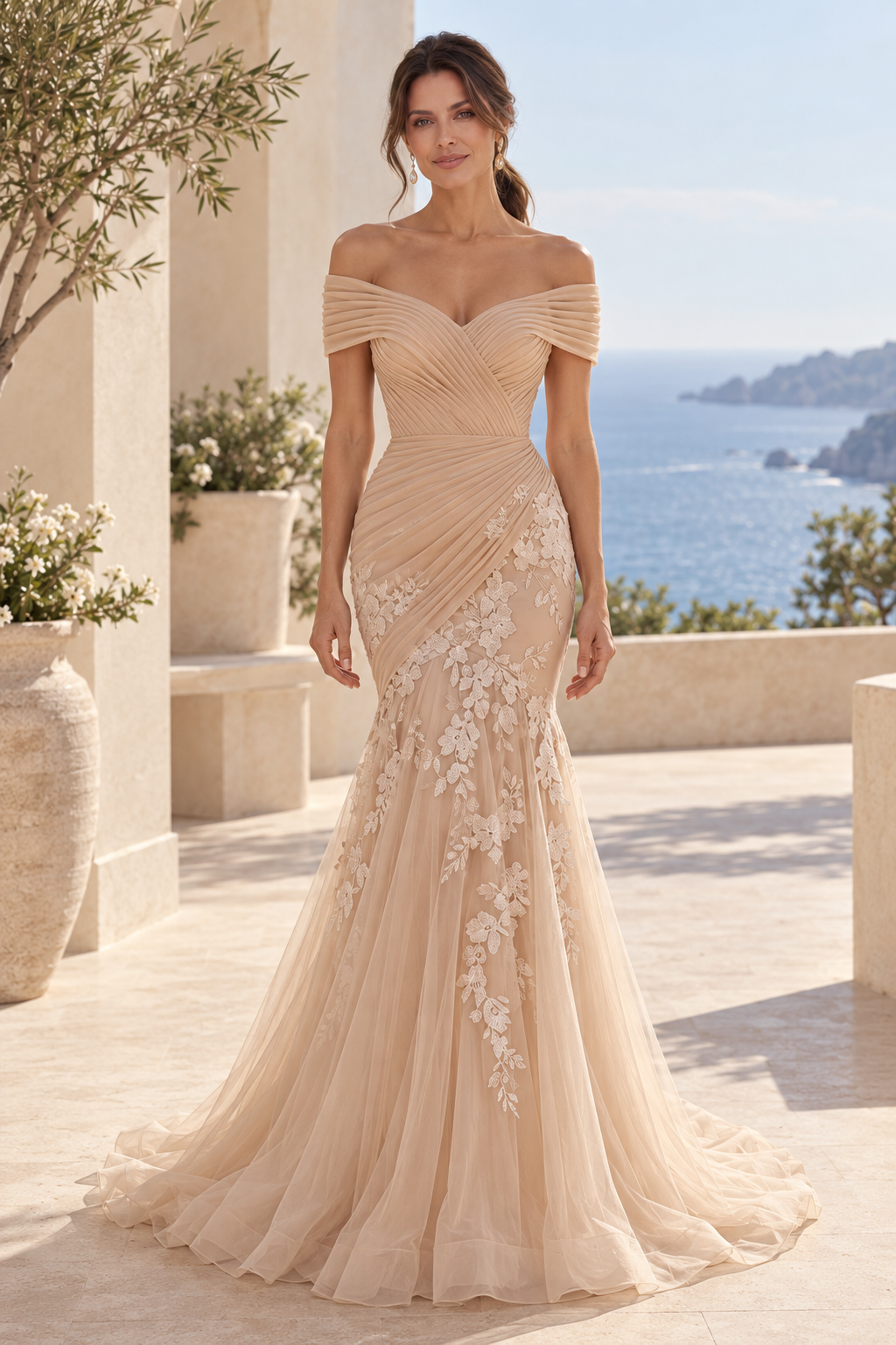 Off-the-Shoulder Pleated Lace Mermaid Gown