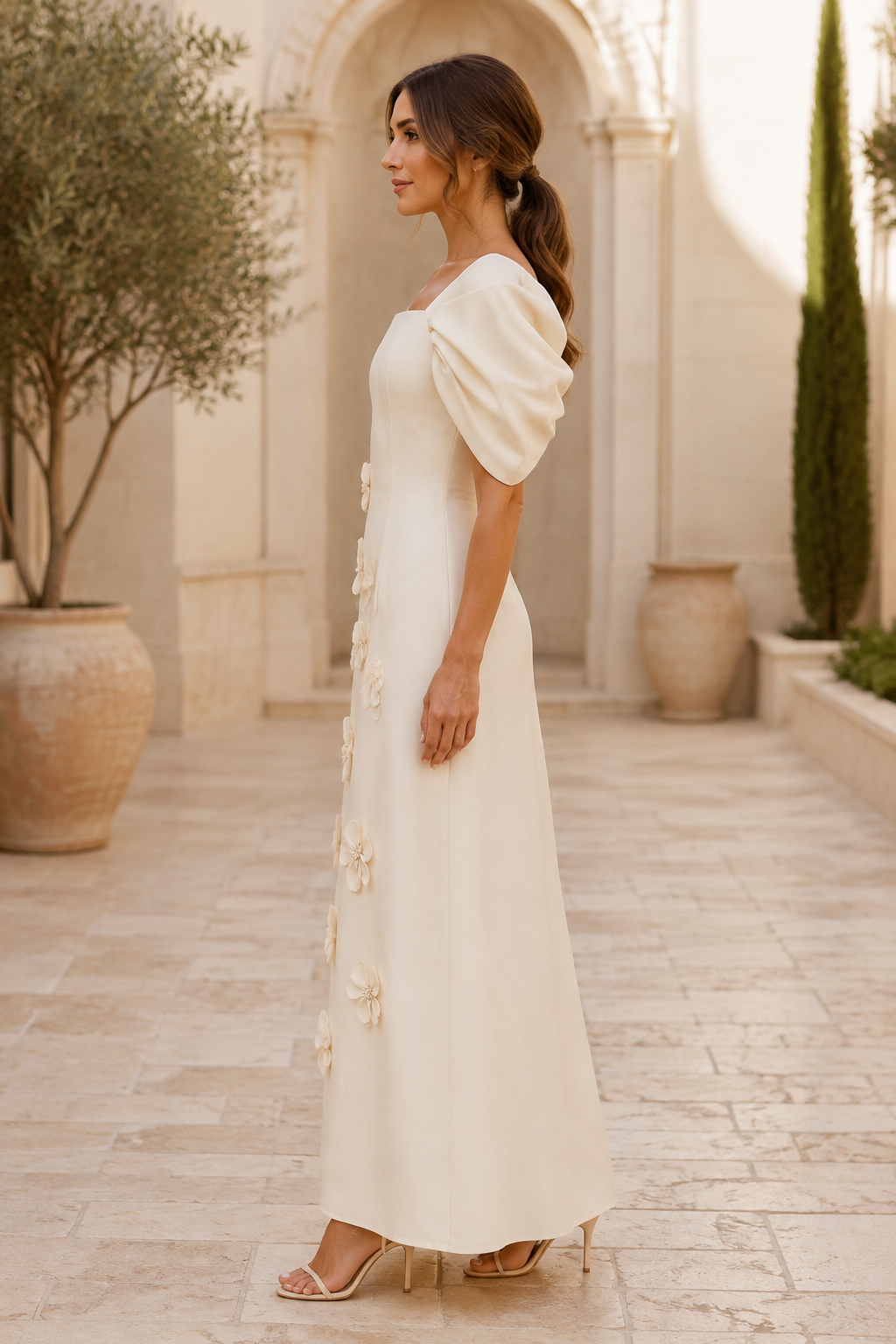 A-Linien-Kleid mit eckigem Ausschnitt, Puffärmeln und 3D-Blumen