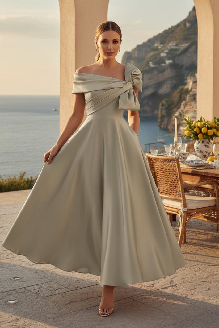 Satin-Midi-Kleid in A-Linie mit One-Shoulder-Träger und Schleife