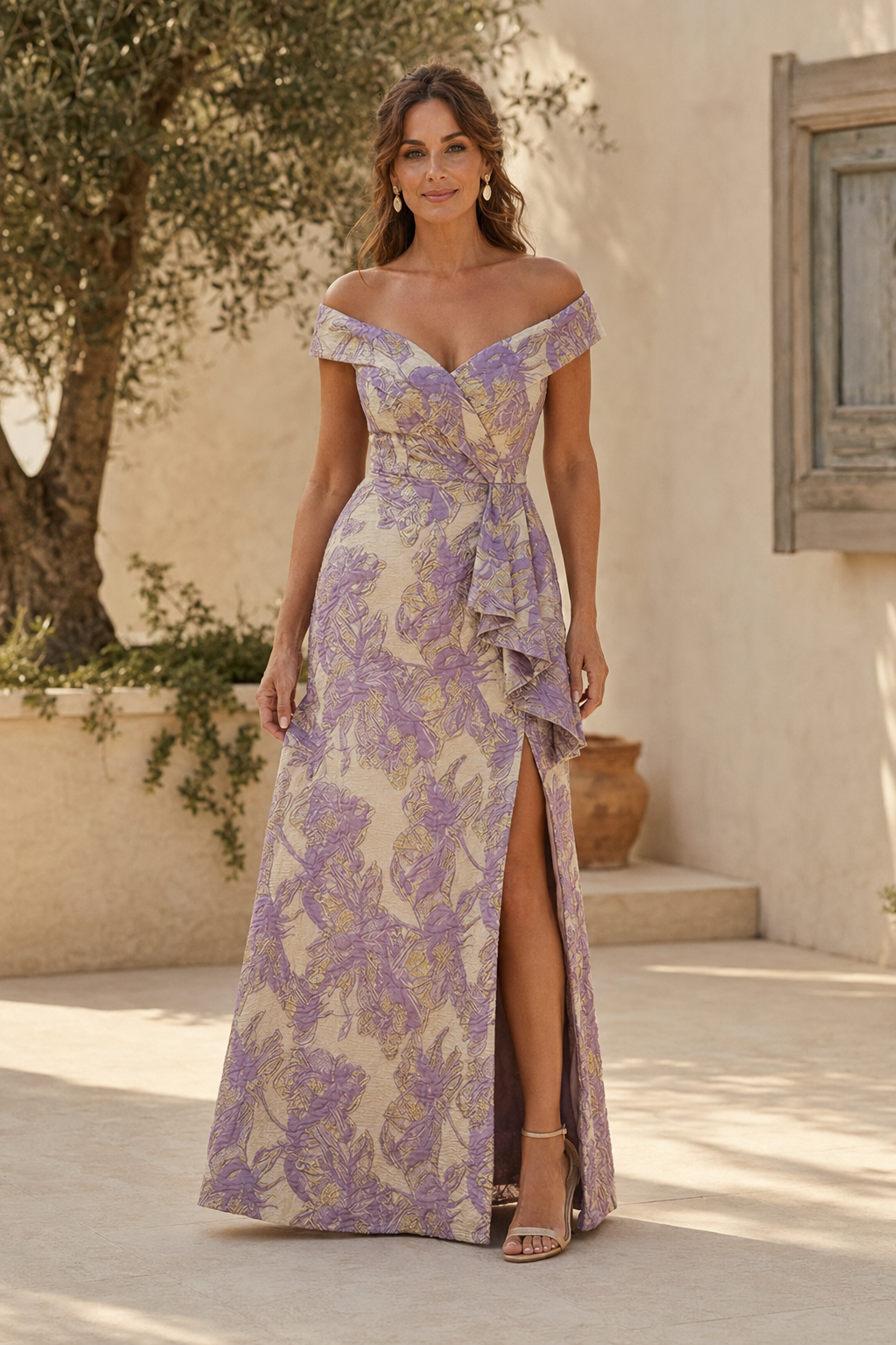 Off-the-Shoulder-Kleid aus floralem Jacquard mit hohem Schlitz