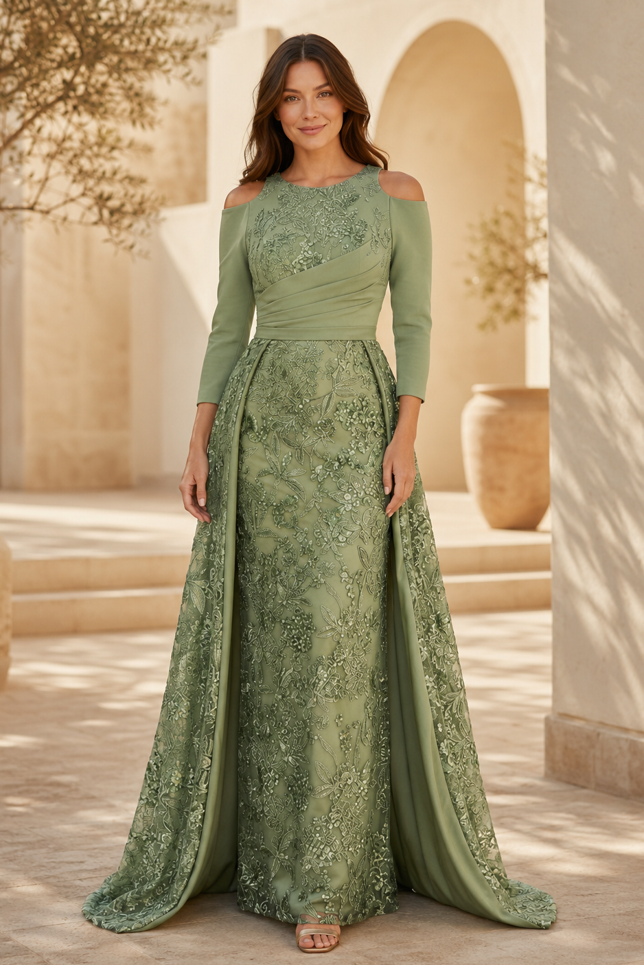 Abendkleid mit Carmenausschnitt, Spitze und Überrock
