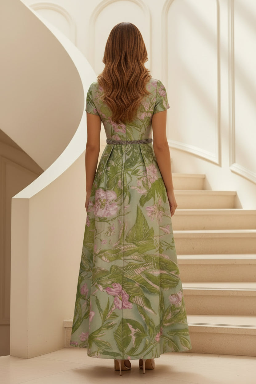 Geblümtes Jacquard-Maxikleid mit Perlenbesetztem Gürtel