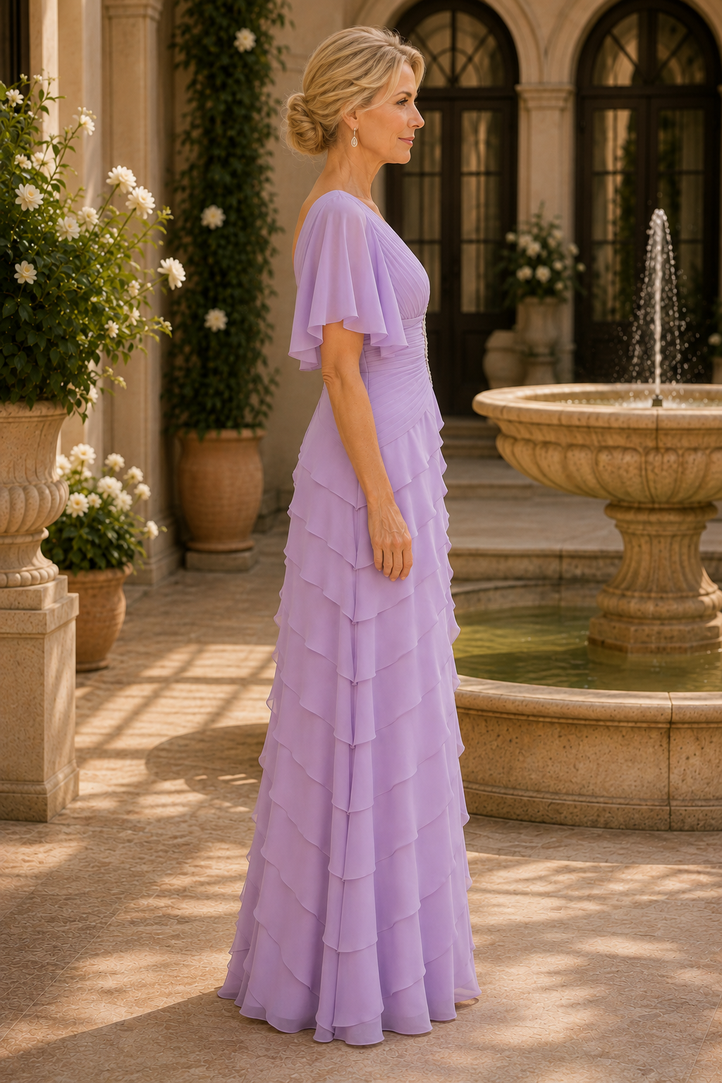 Gestuftes Chiffonkleid mit Volantärmeln