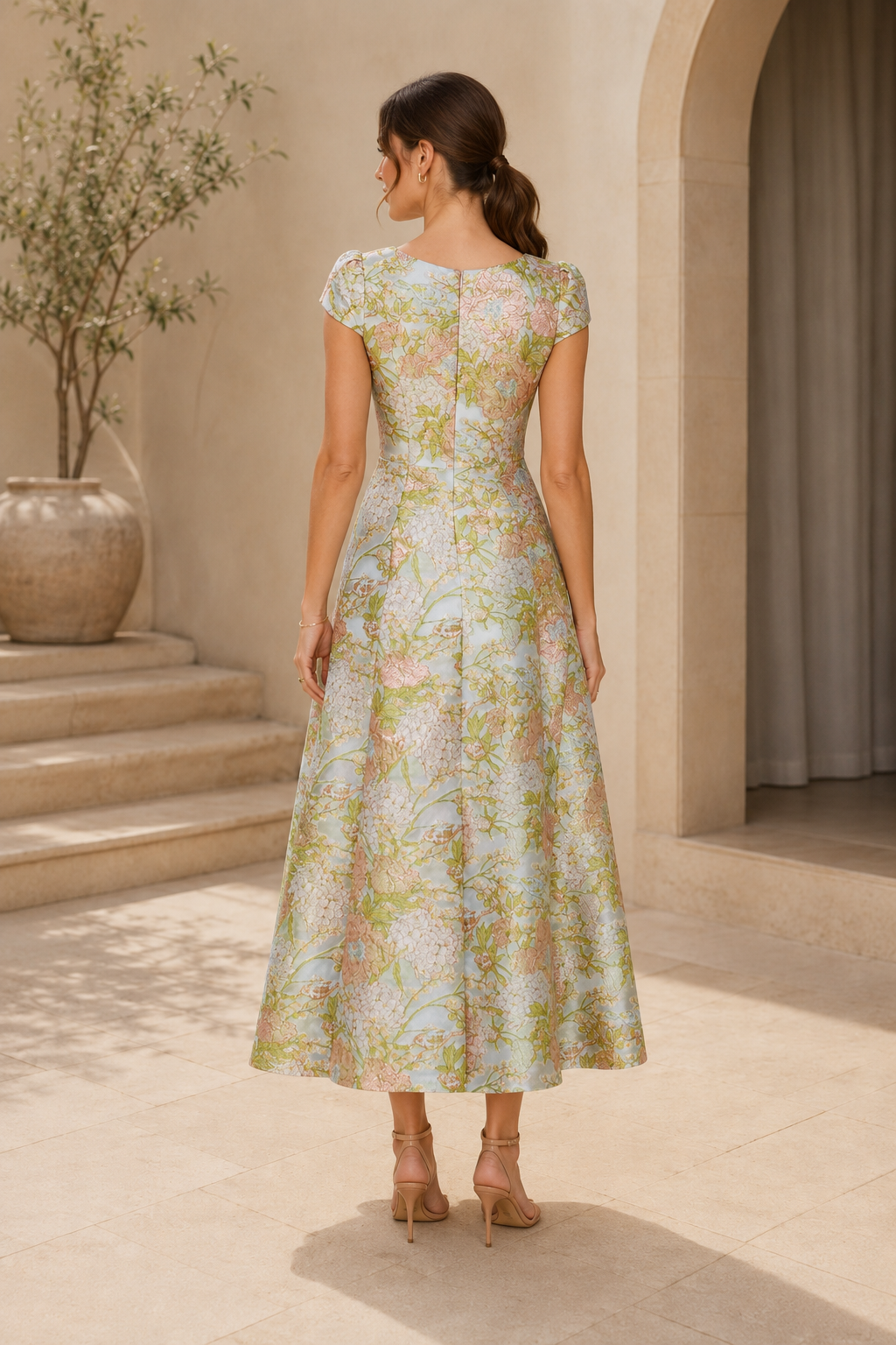 Midi-Kleid mit Blumen-Jacquard, eckigem Ausschnitt und kurzen Ärmeln