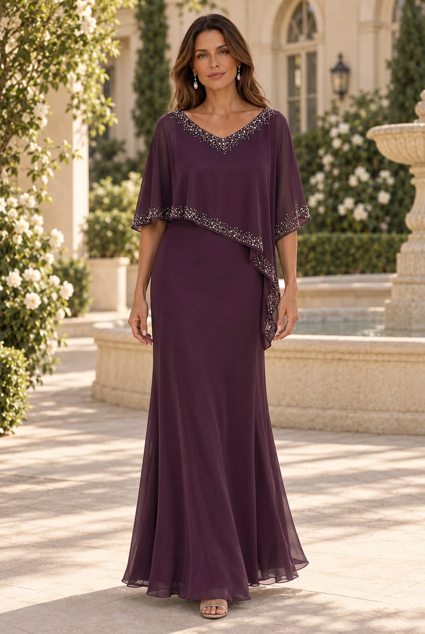 Beaded Asymmetrical Cape Evening Gown