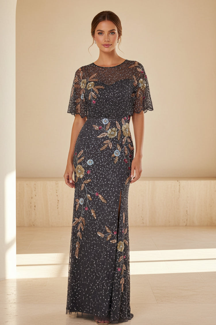 Säulenkleid mit Perlen-Capelet und Blumenstickerei
