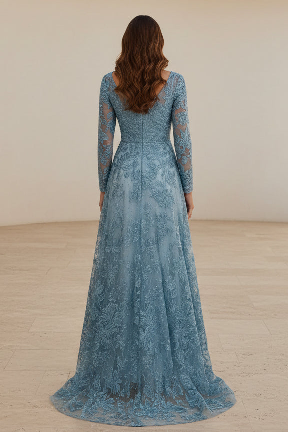 Langarm V-Ausschnitt Spitze A-Linien Abendkleid