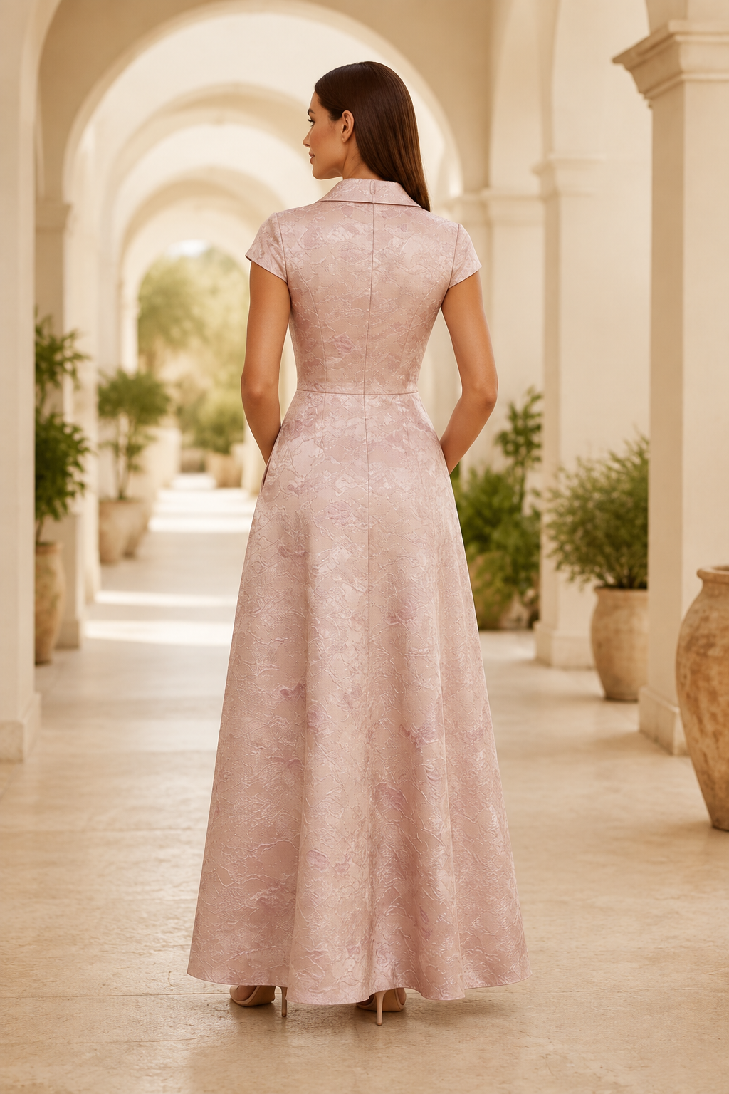 Abendkleid aus Jacquard mit Kerbkragen und Flügelärmeln