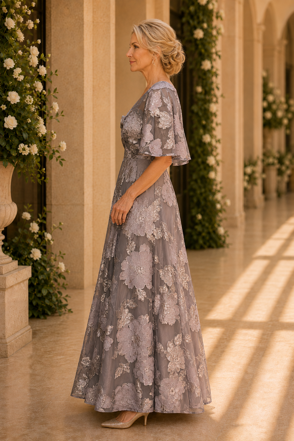 Blumen-Jacquard-Capelet A-Linien-Abendkleid