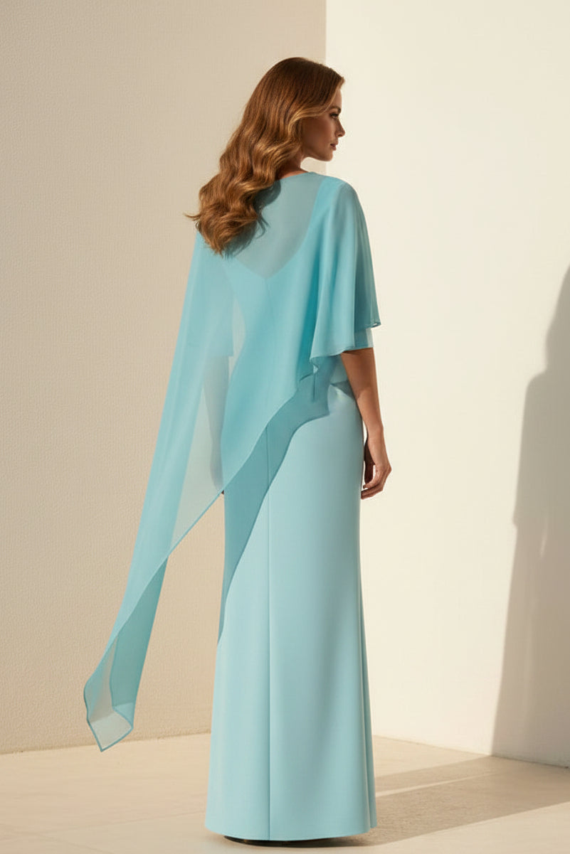 Crêpe-Etui-Kleid mit Chiffon-Cape und 3D-Blume