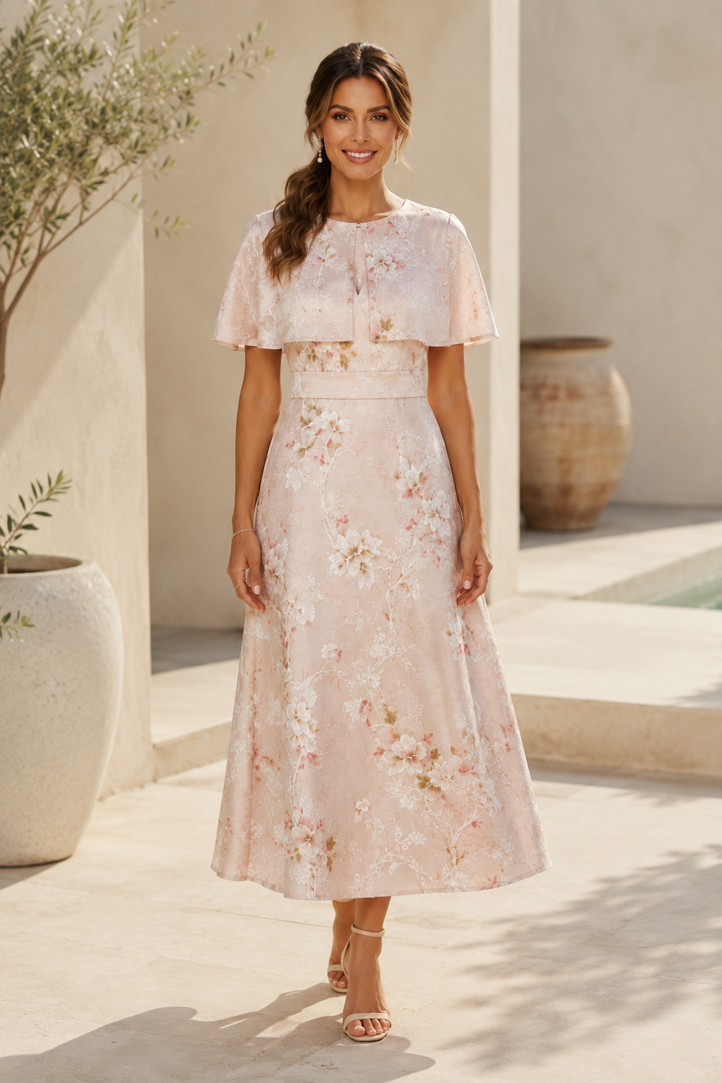 Geblümtes Jacquard-Midikleid mit Cape-Detail