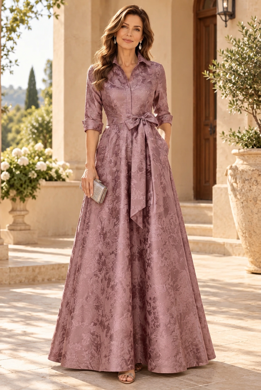Collared Jacquard A-Line Gown with Sash Belt