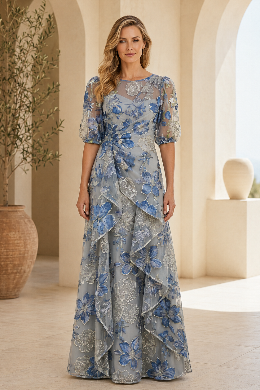 Blumig besticktes A-Linien-Kleid mit Ellenbogenärmeln