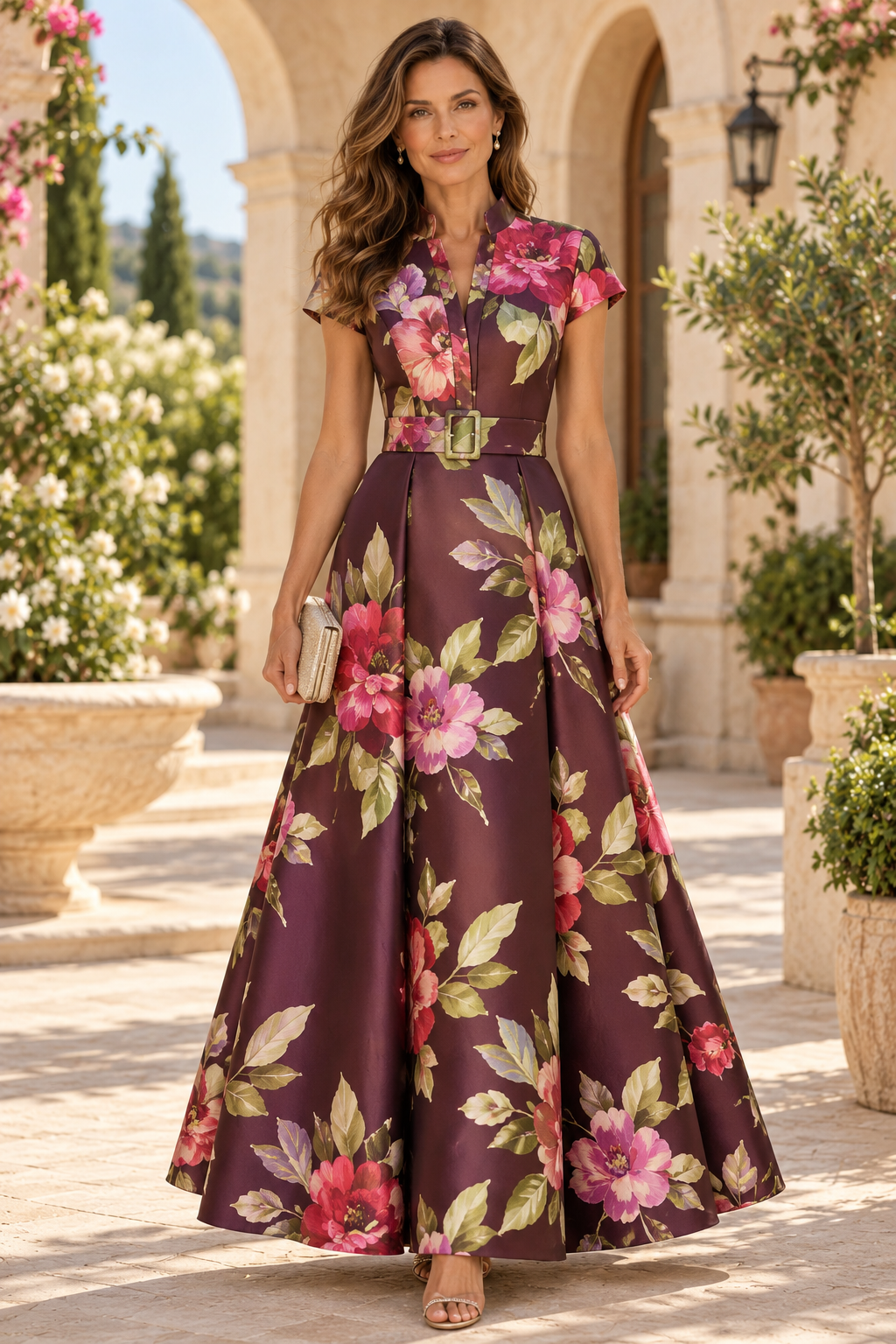 Floral Print Belted A-Line Evening Gown