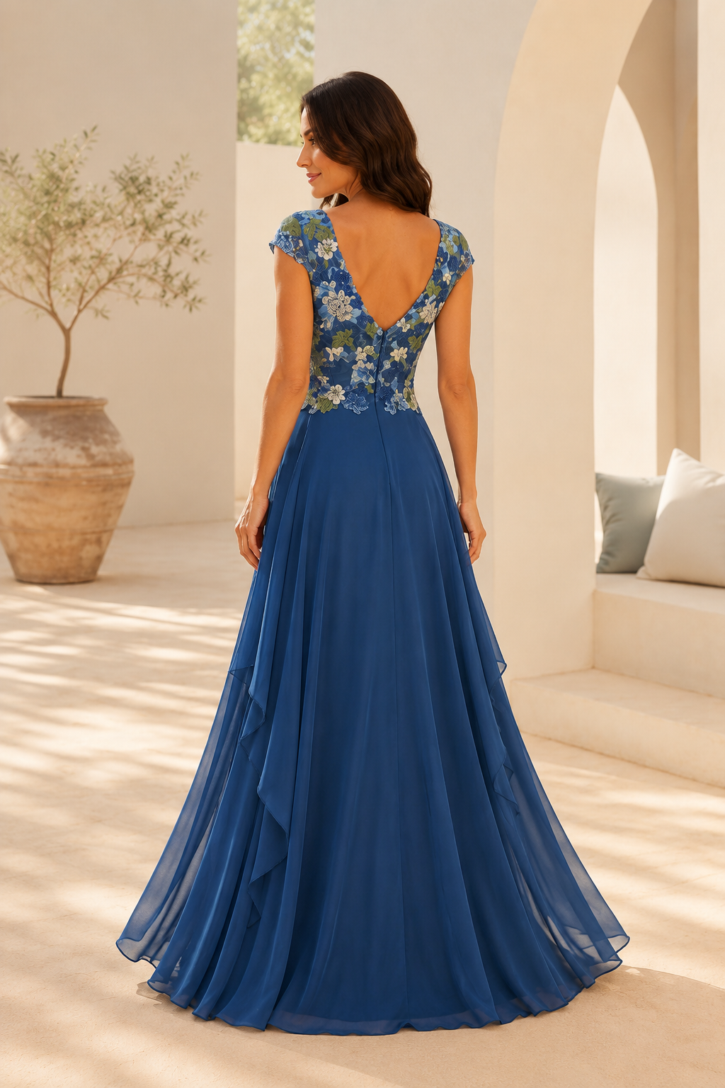 Geblümtes, besticktes A-Linien Abendkleid mit kurzen Ärmeln
