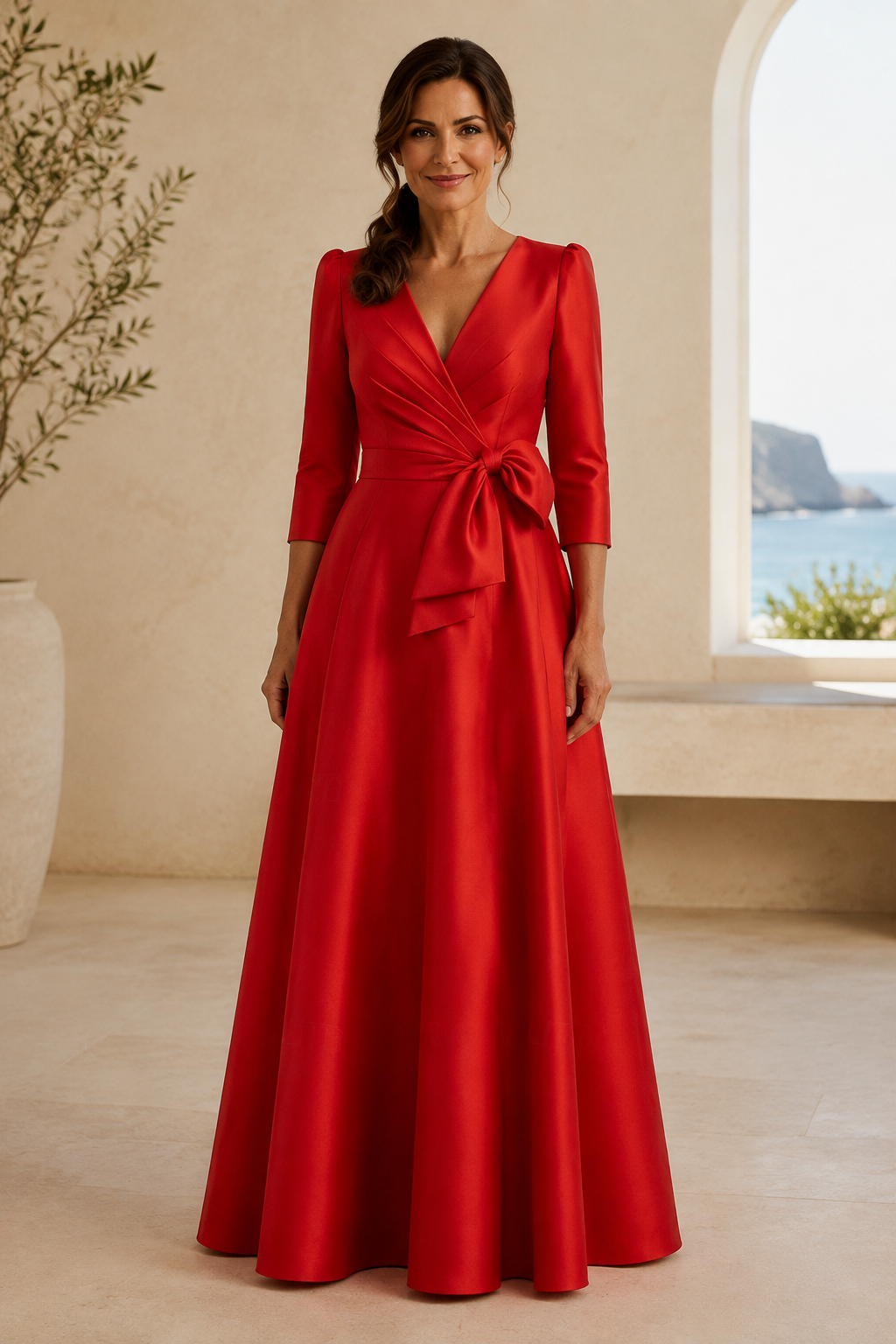 Satin-Abendkleid in A-Linie mit Schleifengürtel