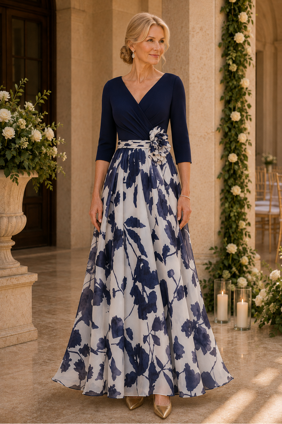 Geblümtes A-Linien-Kleid mit 3/4 Ärmeln