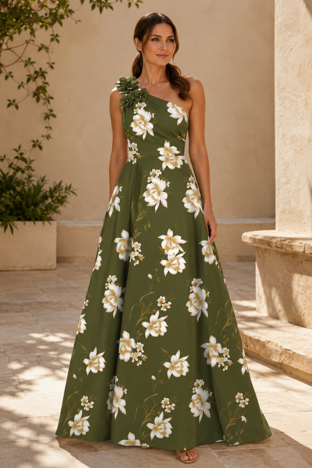 Einachsige, geblümte Satin-A-Linien-Robe