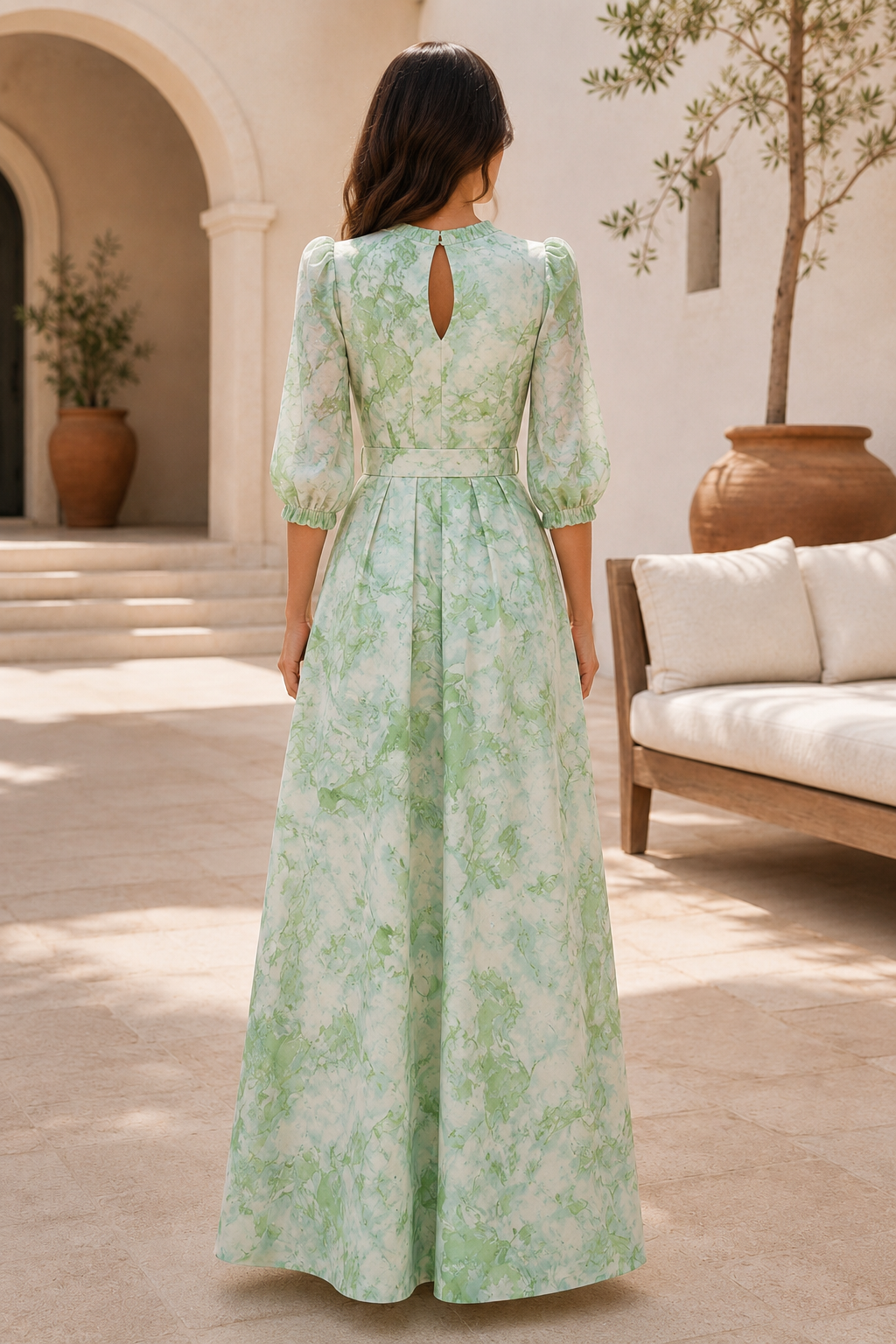 Elegantes bedrucktes Maxikleid in A-Linie mit Schlüssellochausschnitt