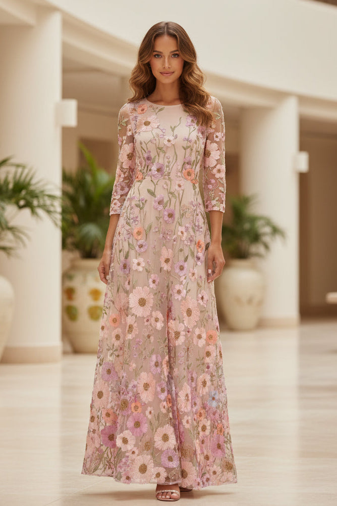Maxikleid aus besticktem Mesh mit Blumenmuster und A-Linie