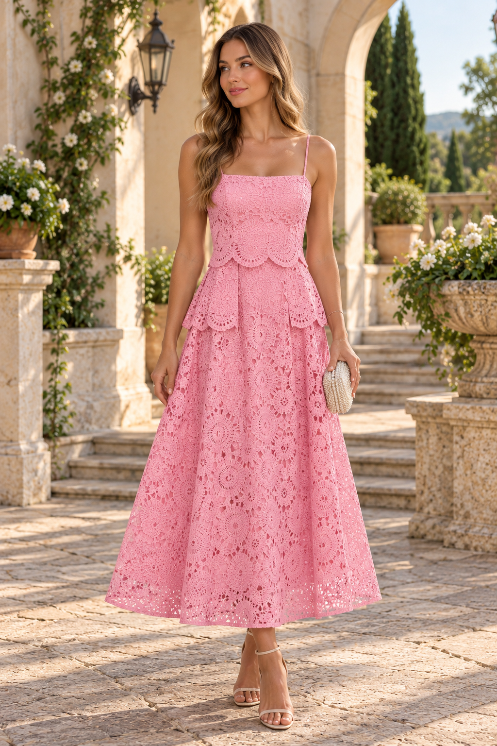 Lace Tiered Midi Dress with Spaghetti Straps