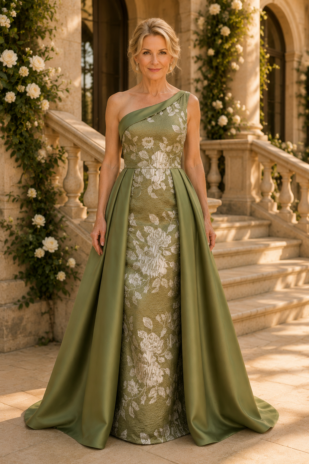 Blumen-Jacquard-Abendkleid mit einem Ärmel und Überrock