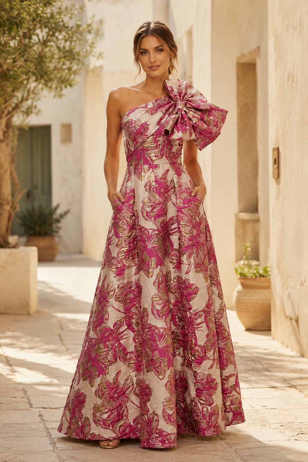 Ärmelloses A-Linien-Kleid aus floralem Brokat mit One-Shoulder-Träger