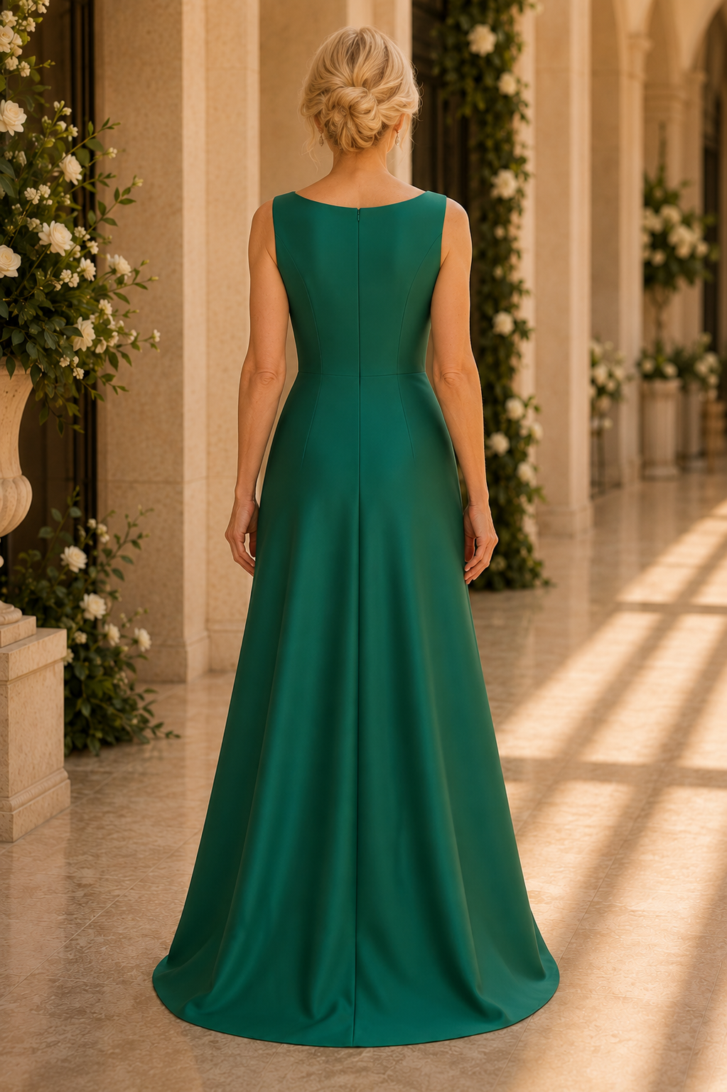 Plissiertes Abendkleid mit tiefem Rückenausschnitt und Broschen-Detail