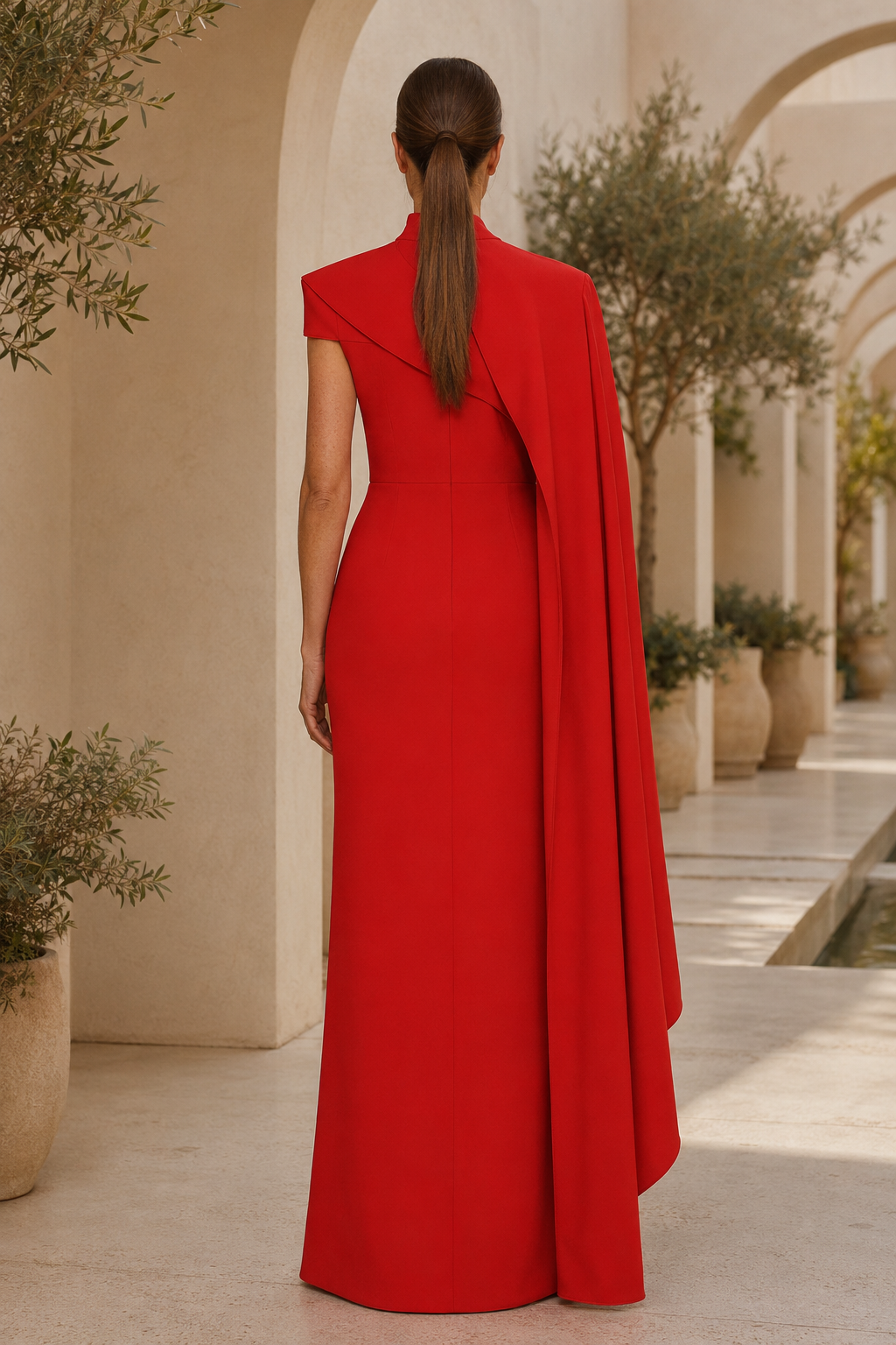 Asymmetrisches, hochgeschlossenes Etui-Abendkleid mit Cape