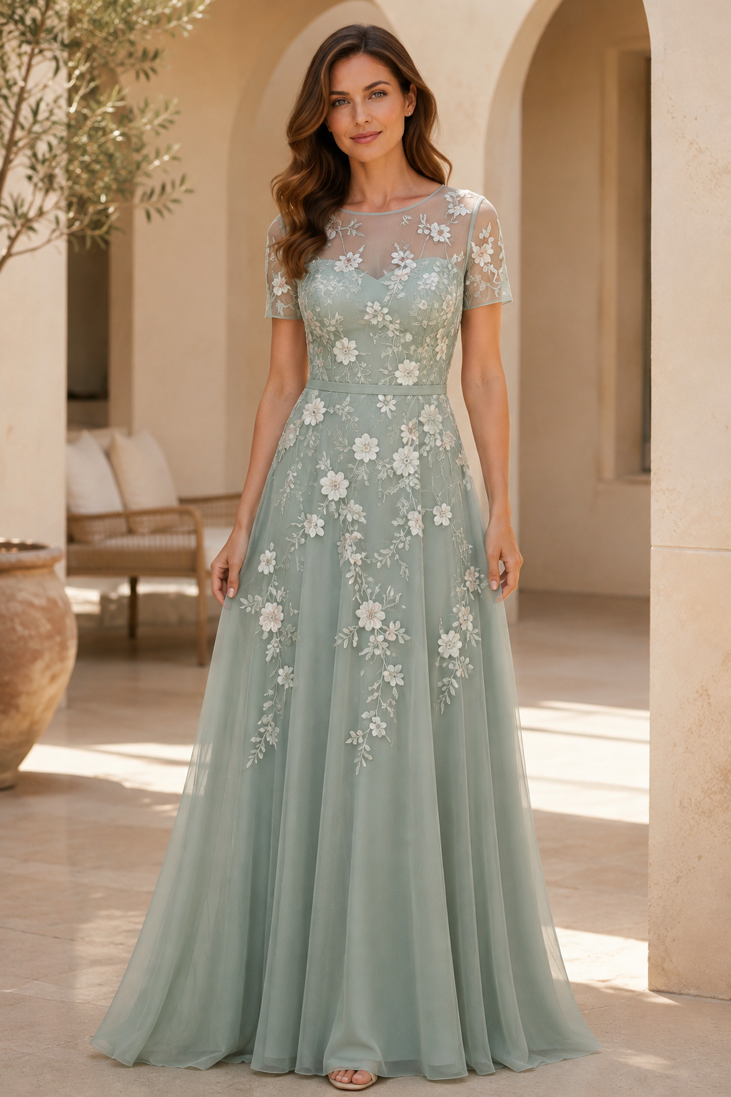 Besticktes Blumen-Maxikleid in A-Linie mit Illusionseffekt