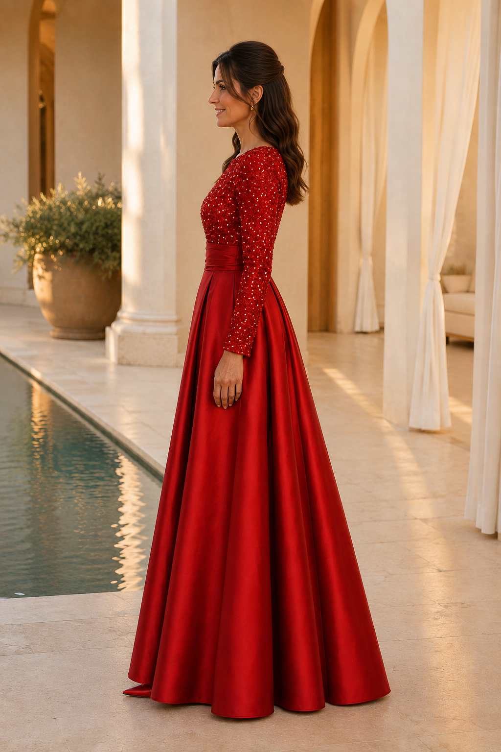 Perlenbesticktes langärmeliges Ballkleid aus plissiertem Satin