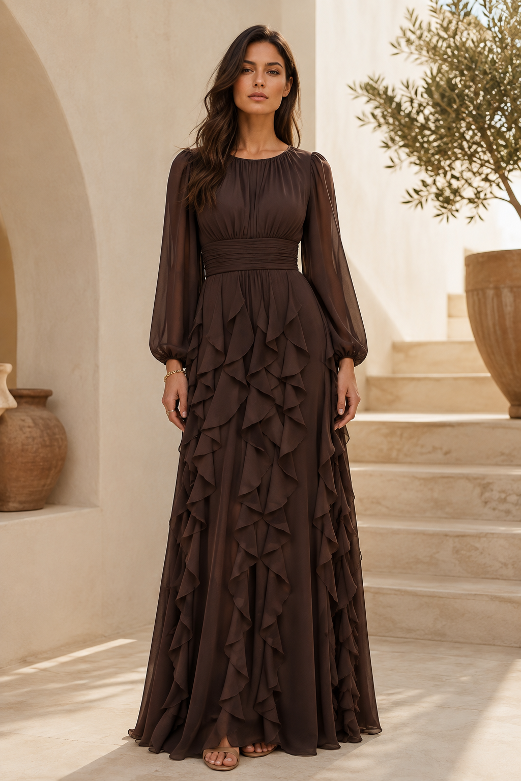 Maxikleid mit langen Ärmeln und gestuften Rüschen
