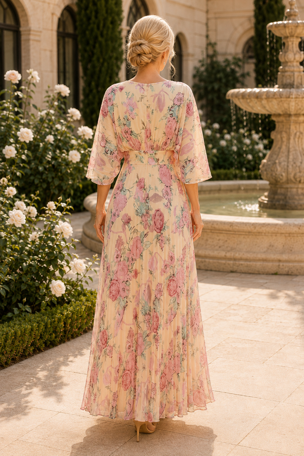 Geblümtes plissiertes Maxikleid mit Glockenärmeln