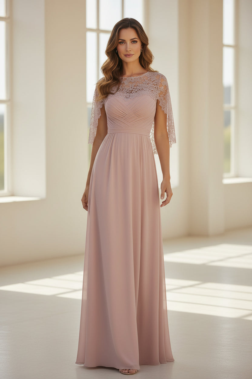 Abendkleid aus Chiffon mit Spitzenumhangärmeln