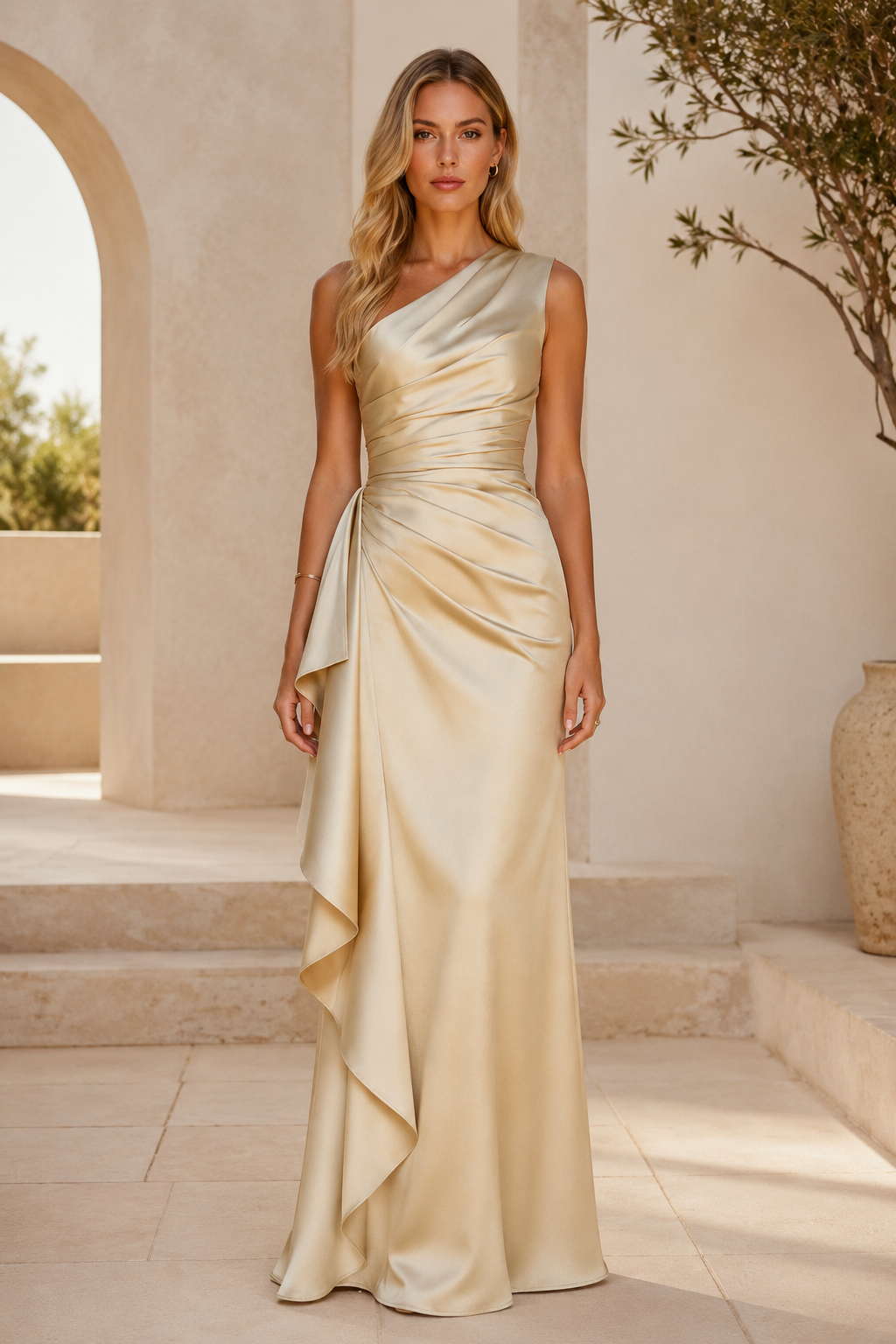 One-Shoulder Abendkleid aus gerafftem Satin mit seitlicher Drapierung