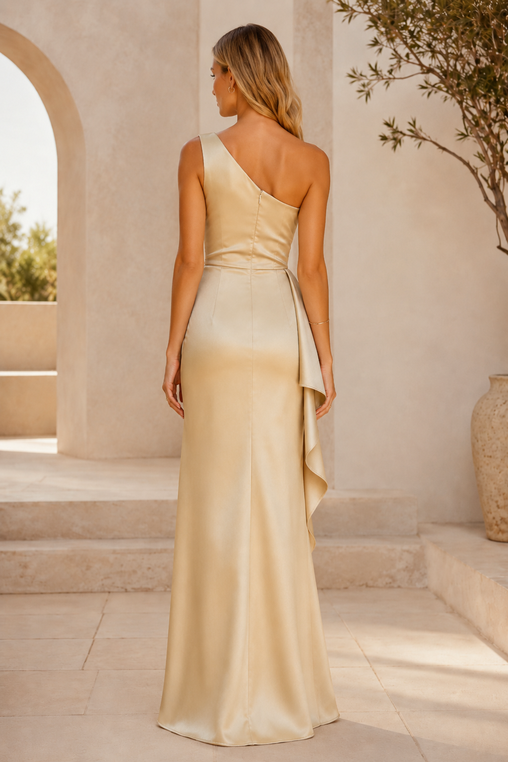 One-Shoulder Abendkleid aus gerafftem Satin mit seitlicher Drapierung