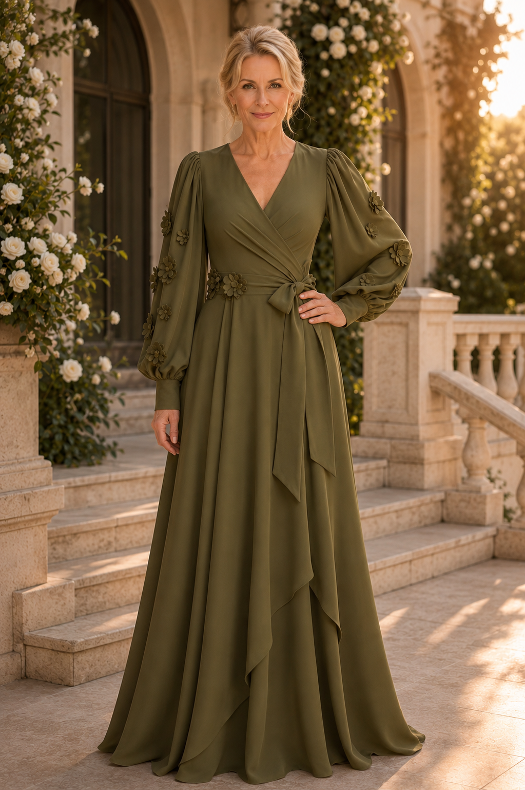 Abendkleid in A-Linie mit Wickeloptik und 3D-Blumenärmeln
