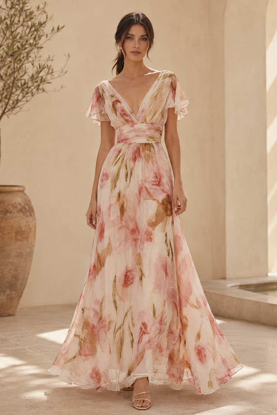 Geblümtes Maxikleid mit V-Ausschnitt und Volantärmeln