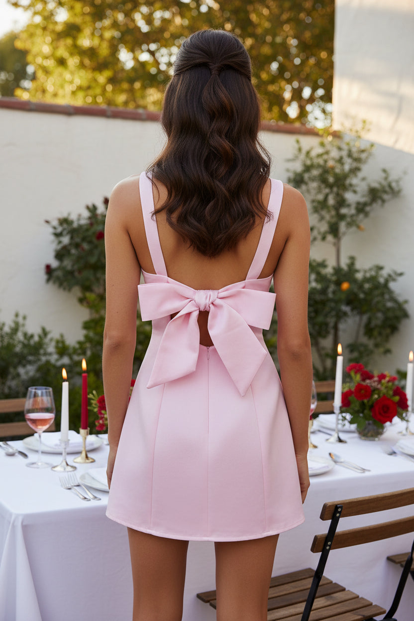 Mini-Kleid mit eckigem Ausschnitt und Schleife am Rücken