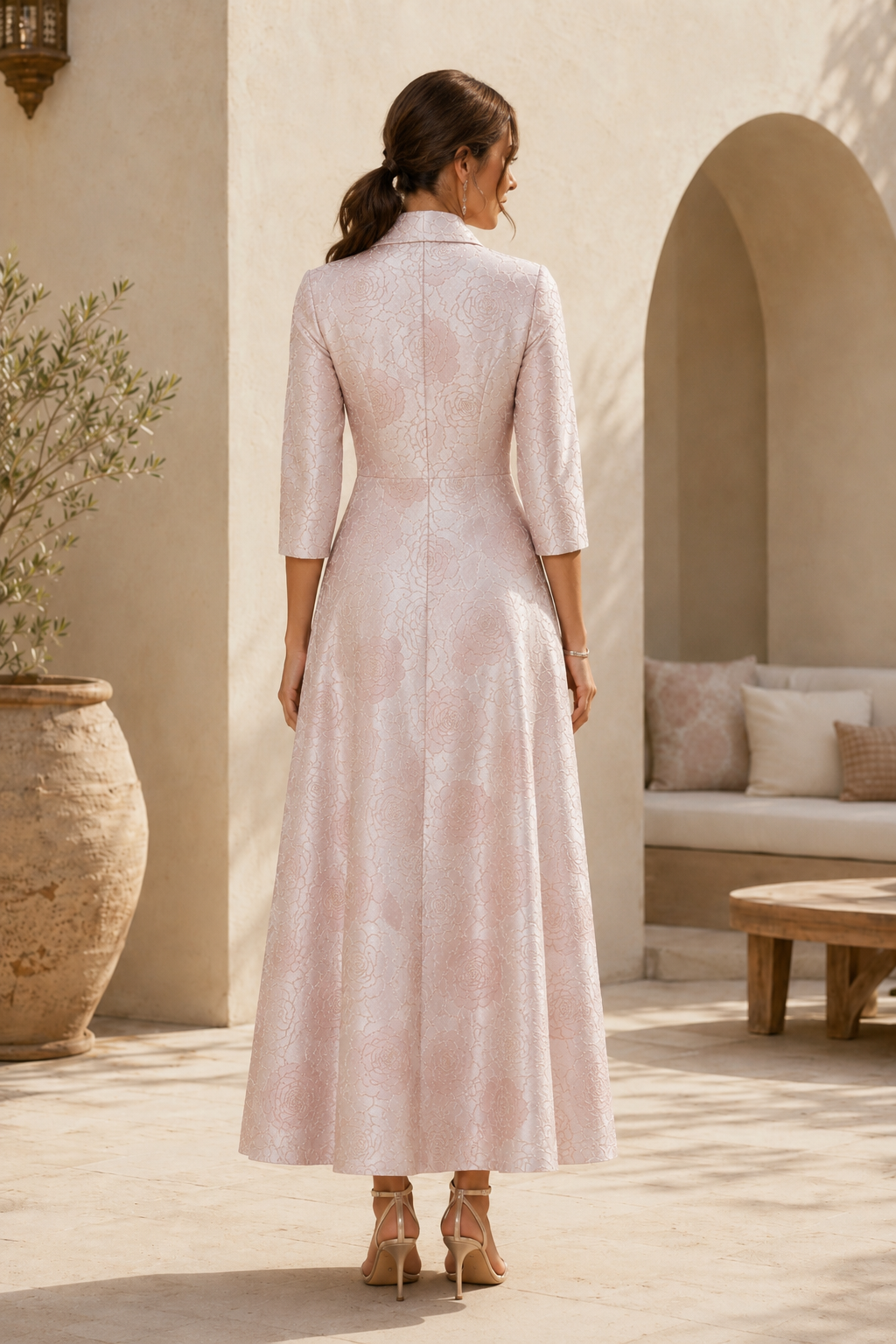 Geblümtes Jacquard A-Linien-Kleid mit 3D-Rose