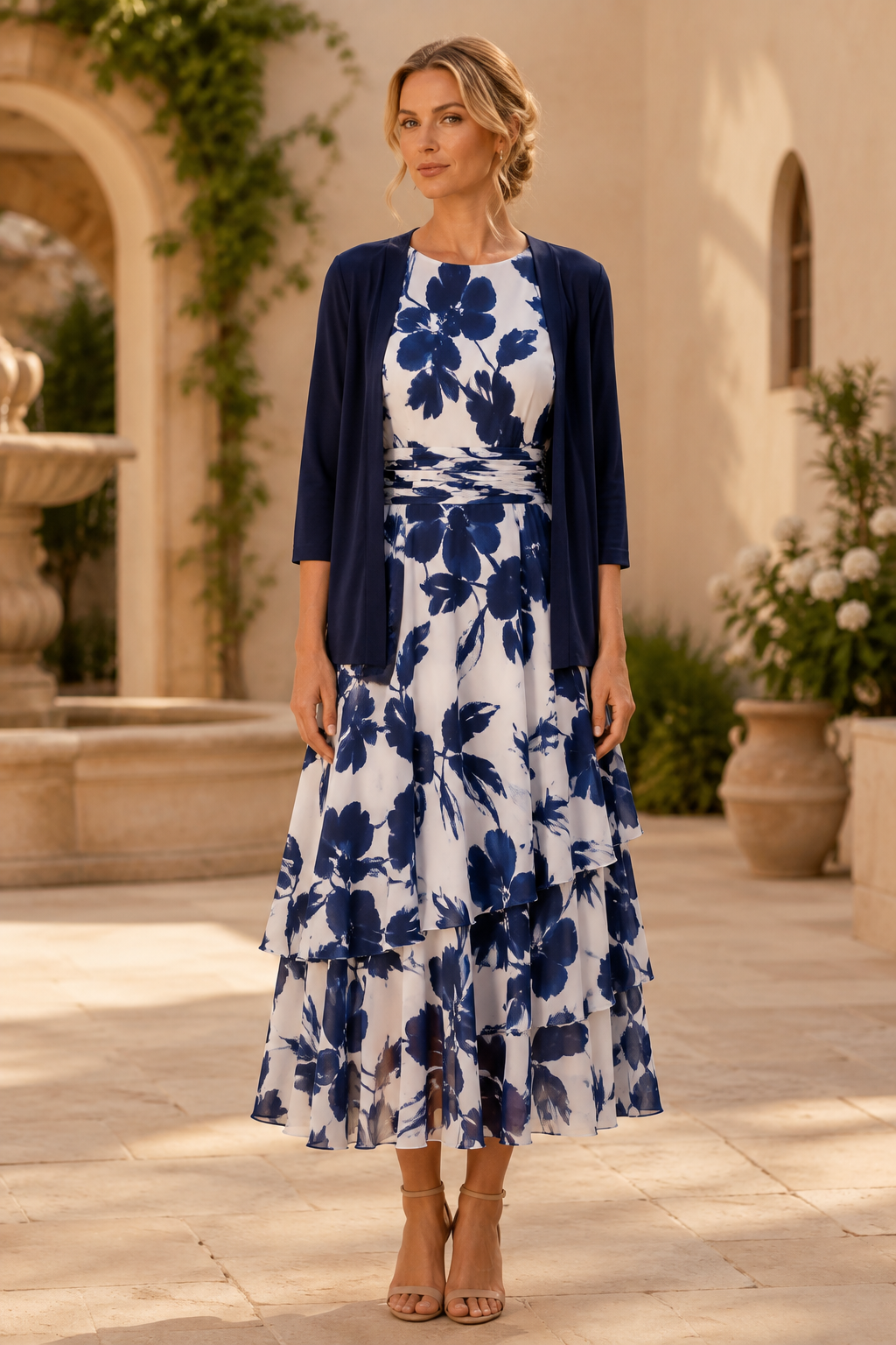 Geblümtes gestuftes Midikleid mit 3/4-Arm-Jacke